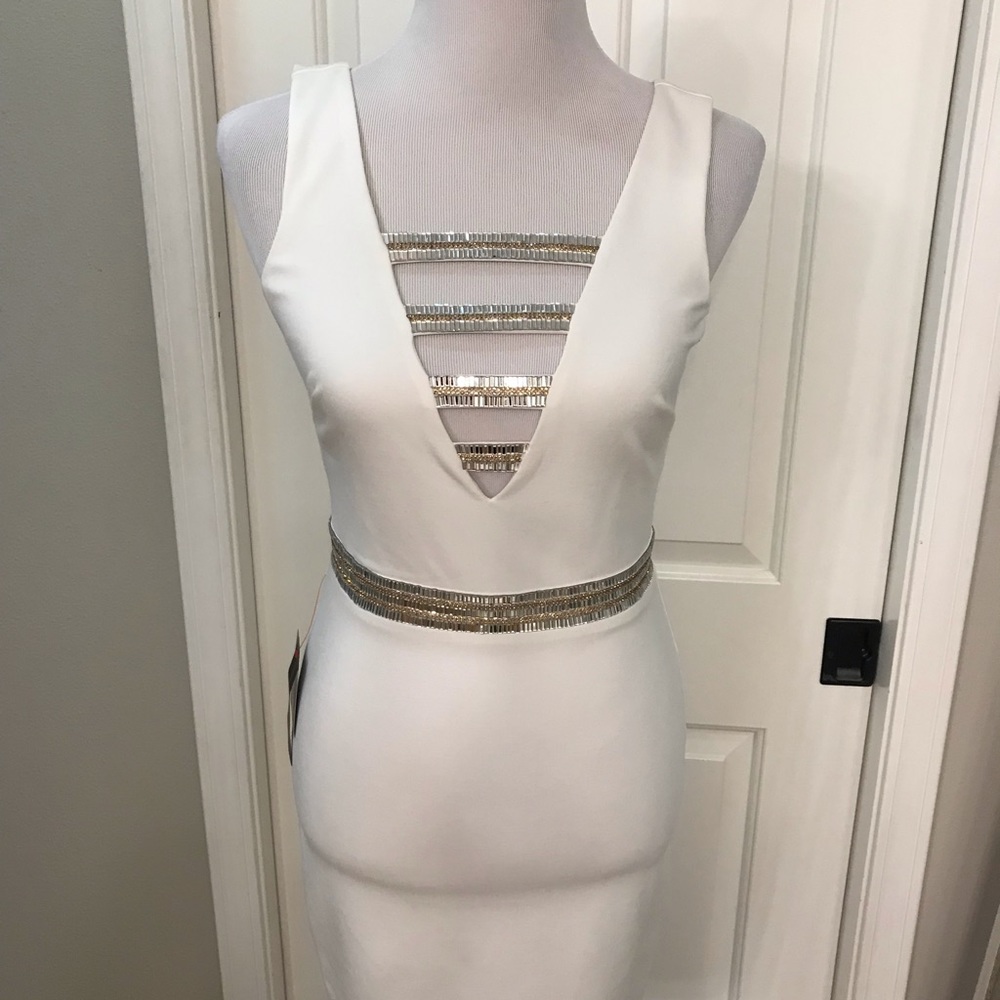 Bebe White Sheath Midi Dress with Gold Accents